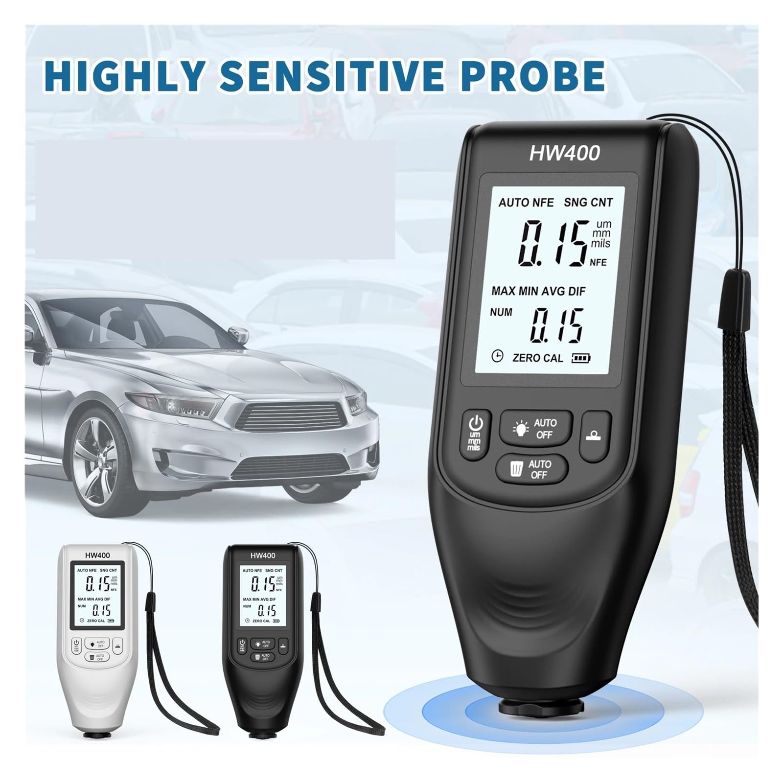 HW400 - Misuratore di spessore per auto, misuratore di spessore per auto, strumento di misurazione dello spessore del rivestimento, ultra-preciso 0,1 micron/0-2000, per laboratorio auto