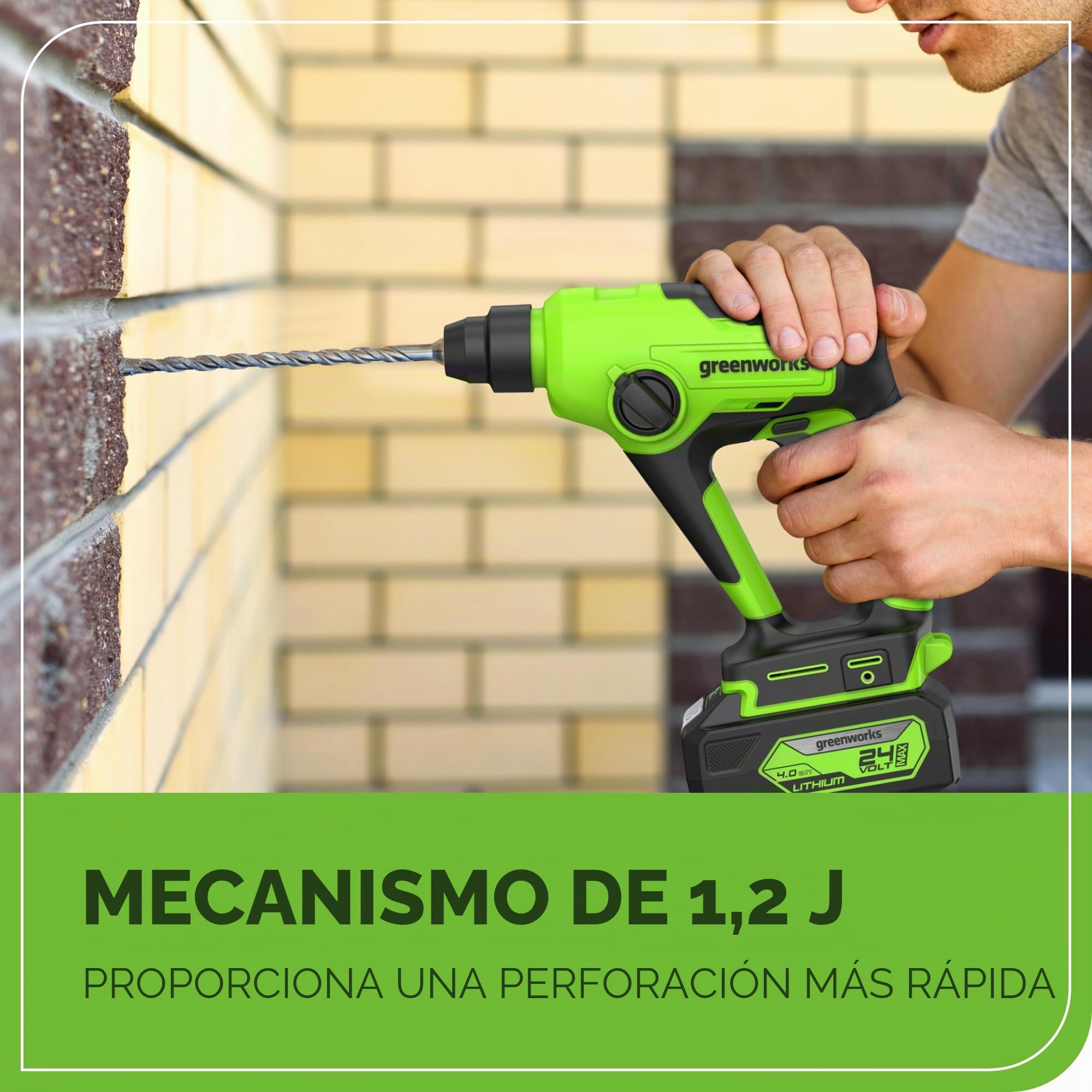 Greenworks taladro percutor a batería 1.2J, martillo perforador SDS plus por tabiques y hormigón, 24V brushless, taladro y percutor dos modos, velocidad ajustable, con batería de 2Ah y cargador