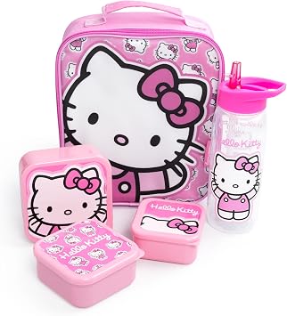 Hello Kitty Girls Pink Lunch Bag | Insulated Food Container with Bottle & 3 Snack Pots | Zipper Closure School Lunchbox | Cartoon Character Kids Storage Merch