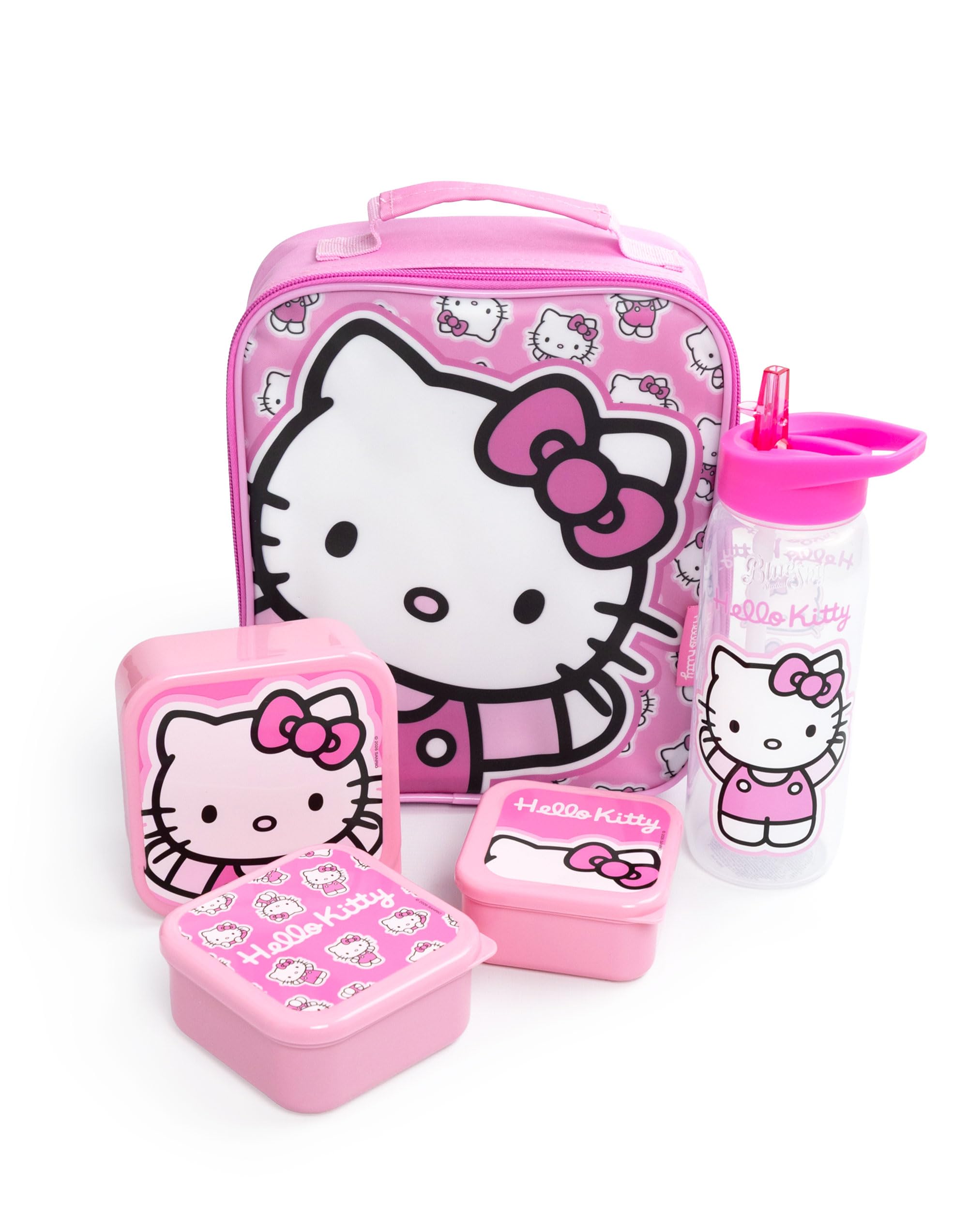 Hello Kitty Girls Pink Lunch Bag | Insulated Food Container with Bottle & 3 Snack Pots | Zipper Closure School Lunchbox | Cartoon Character Kids Storage Merch