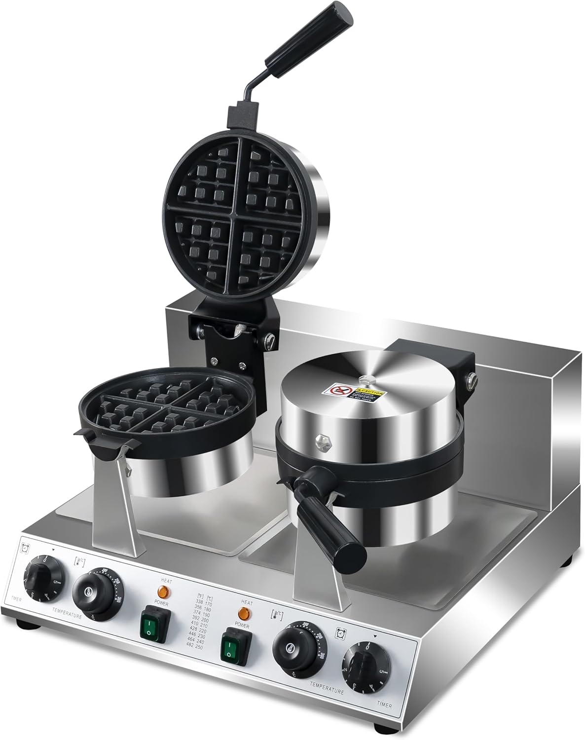 Commercial Waffle Maker, 2600W Round Waffle Iron, Non-Stick Rotatable Waffle Baker Machine,Double-head waffle machine with Teflon-Coated Baking Pan Stainless Steel body