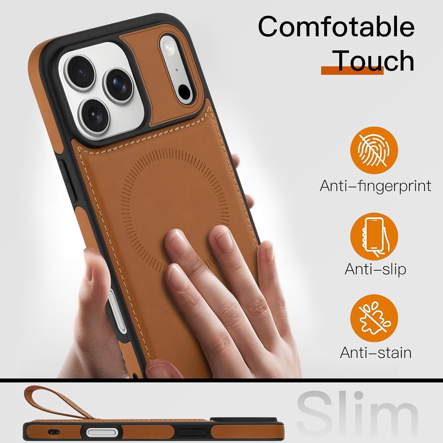 SOKAD Compatible with iPhone 17 Pro Max Leather Case with Finger Strap Luxury Vintage Design for Men Women, Compatible with Magsafe, Slim Anti-Slip Protective Phone Cover for 17 Pro Max, Brown