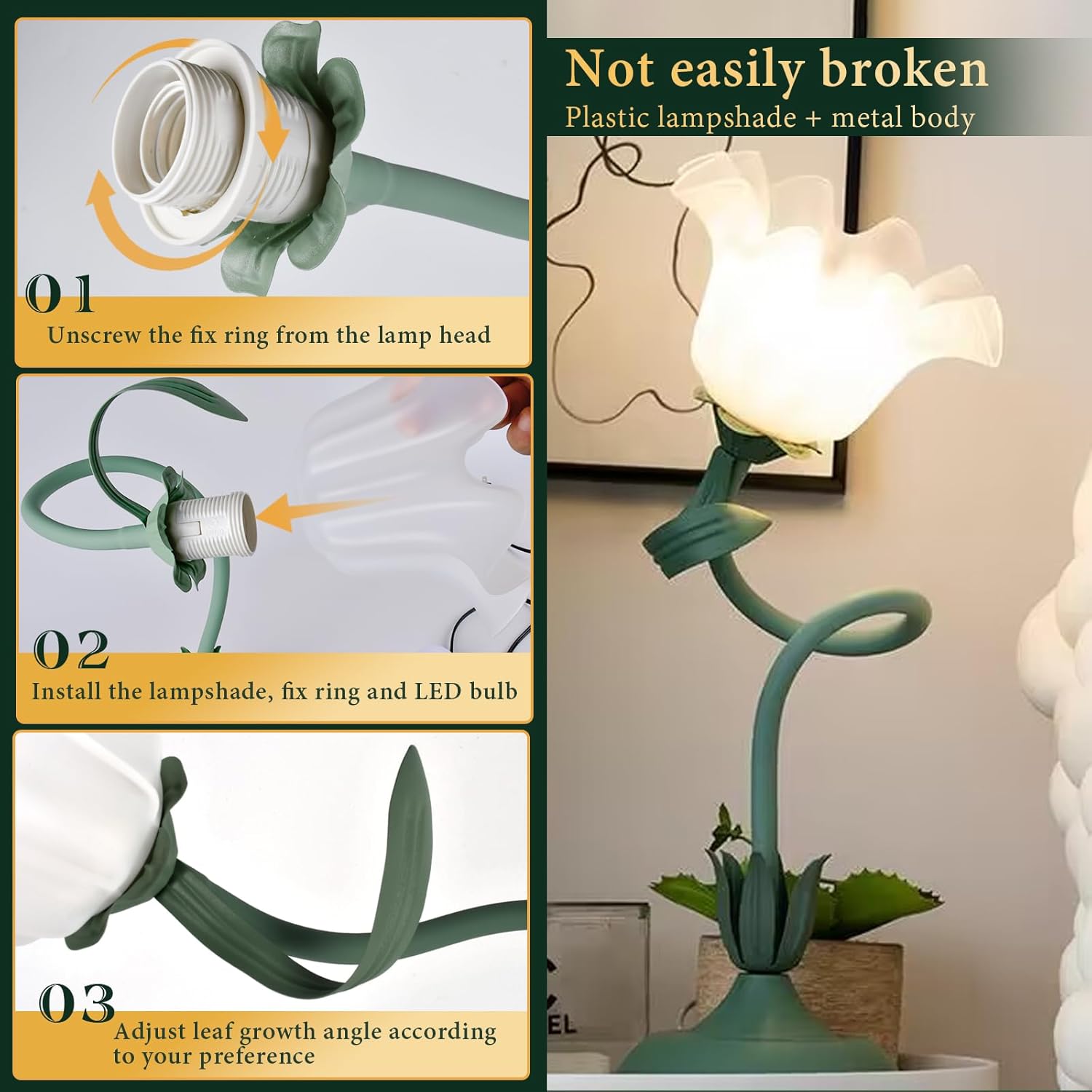 FVTLED Cute Flower Table Lamp, Bedside Vintage Flower Lamp with LED Bulb, 3 Colors Temperature Flower Lamp for Bedroom Living Room Bedside Desk Reading Lighting Table Lamps Home Decoration（Green）
