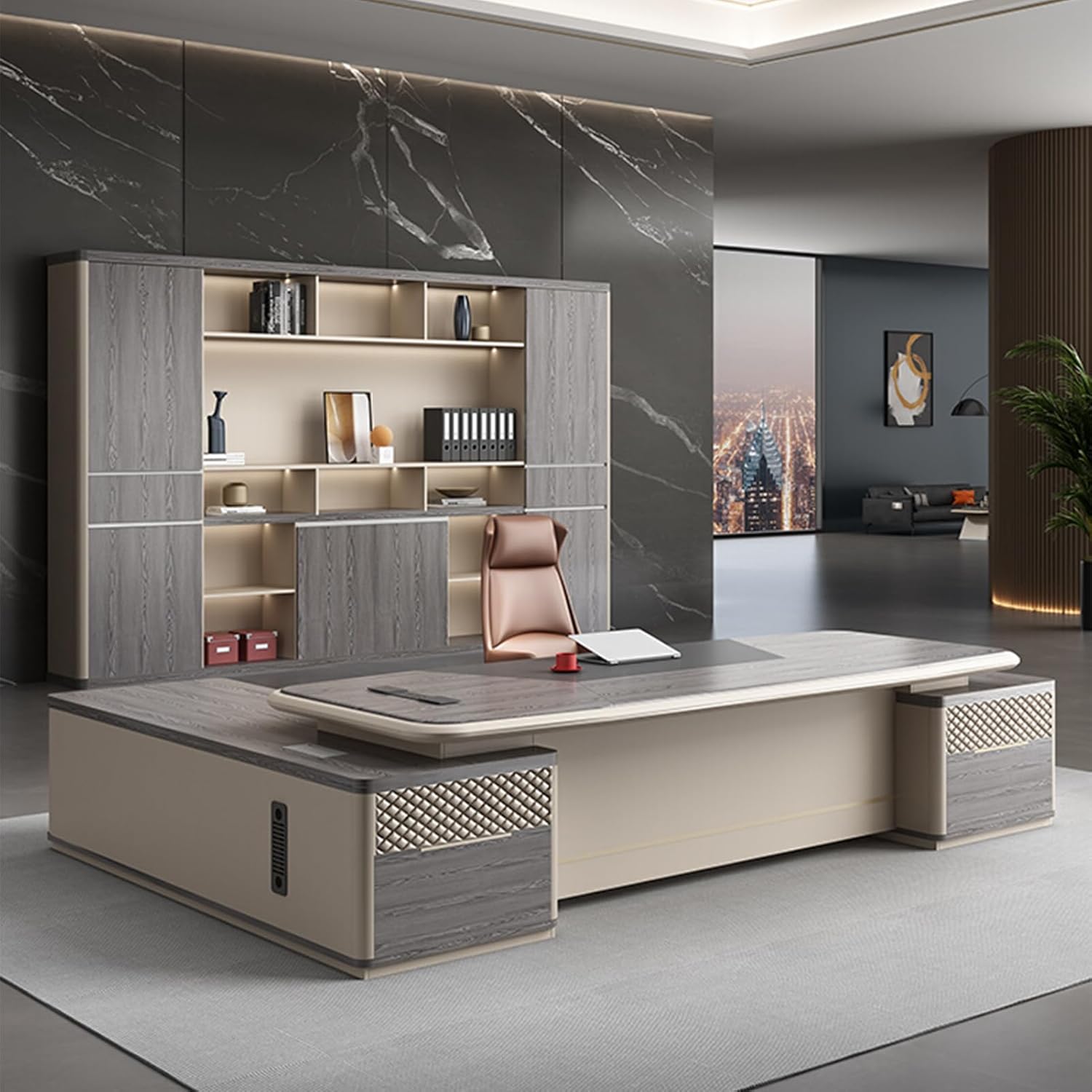 94" Grey L-Shaped Executive Desk, Computer Desk with Lateral Cabinet Study Writing Table Business Furniture Set for CEO Boss