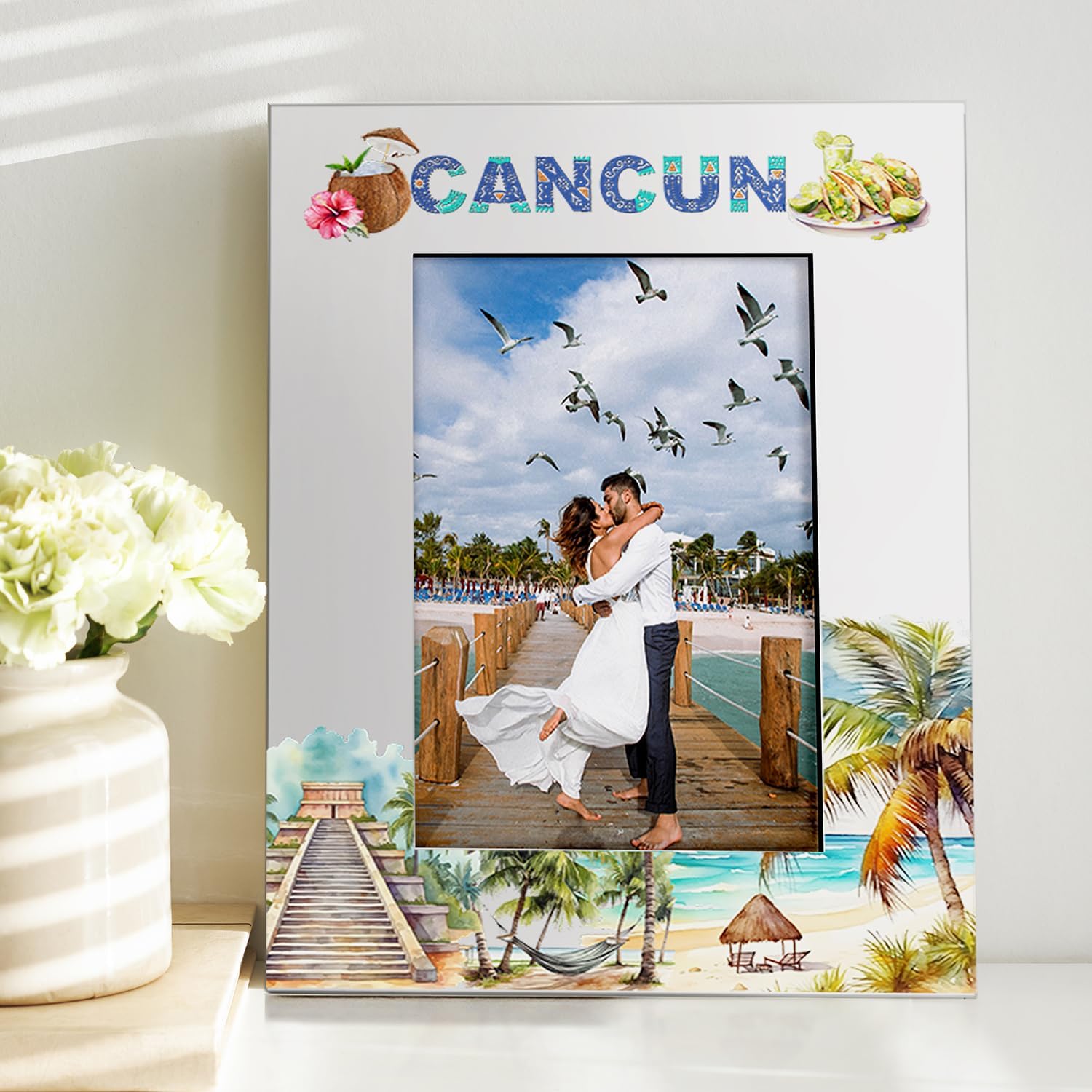 KATE POSH Cancun Picture Frame, Family Vacation in Cancun Mexico, Honeymoon, Wedding, Beach Decor (5x7-Vertical)