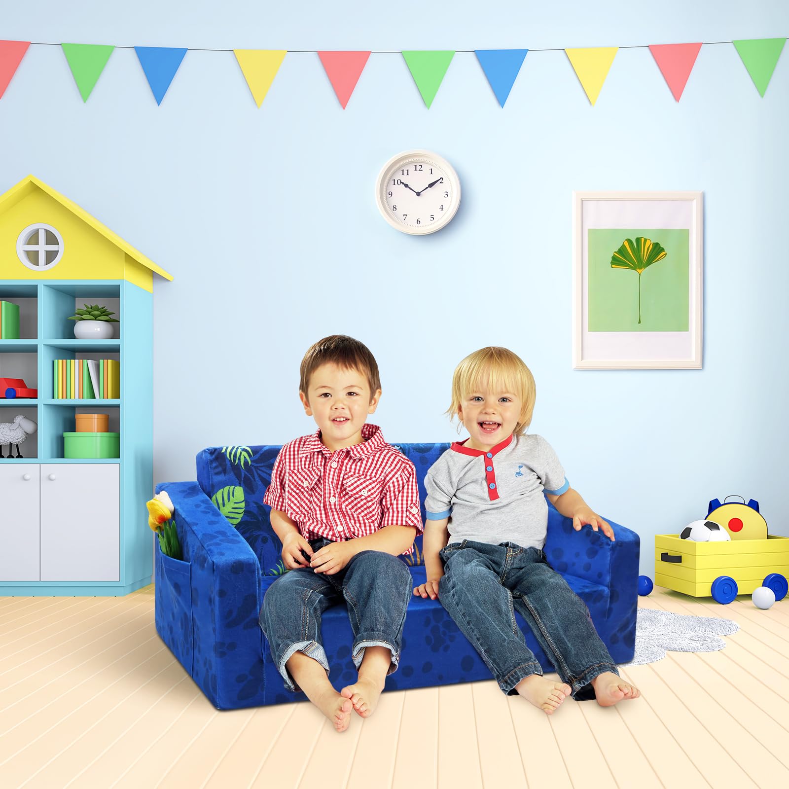 Canapé Enfants Canapé-Lit 2 Places Convertible, Lit Pliant 2 en 1 Fauteuil Enfant Stable avec Tapis Antidérapant, Chaise-Lit Couchette Enfant pour Chambre à Coucher Salle de Jeux (Dinosaures)