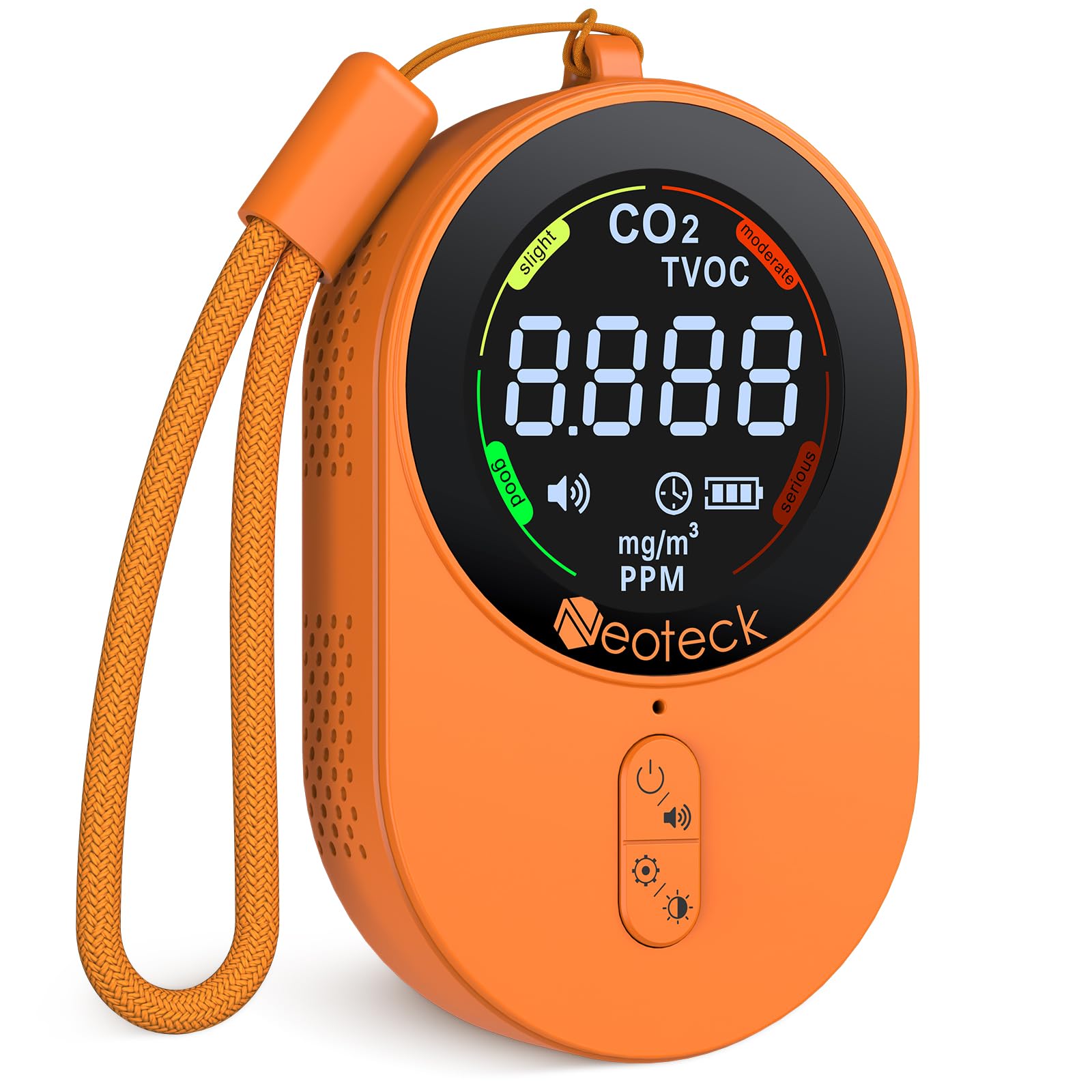 Neoteck Medidor de CO2 Portátil 1s Refresh 2 en 1 Detector de CO2 TVOC con Alarma de Zumbador y Cordón, 700mAh Batería Recargable Incorporada Mini Detector CO2 para Camping Aventura Casa Hotel Coche