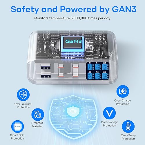 Miniatura 6 de Cargador USB C de 365 W de 6 puertos con pantalla LED de brillo ajustable, estación de carga USB, cargador rápido multipuerto PD 100 W 65 W QC 3.0