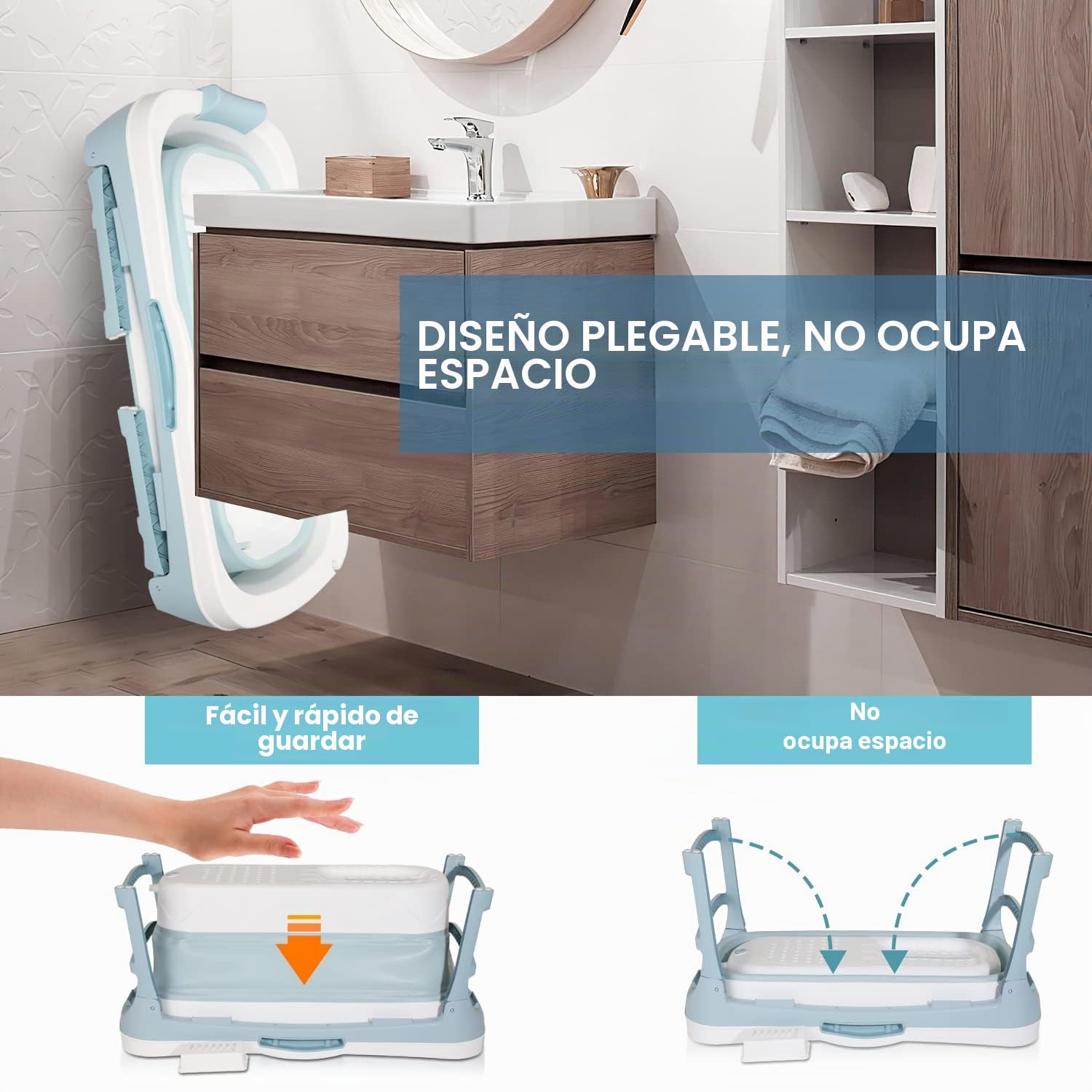 Bañera plegable para adultos, 118 x 60 x 50 cm, bañera móvil plegable portátil con cubierta y cesta de jabón, para baño y ducha - azul
