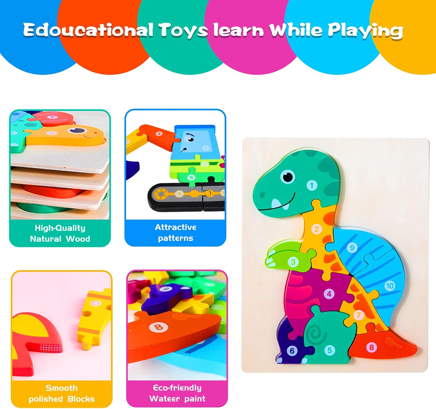 HUADADA Toddler Toys Puzzles for 2 3 4 Year Olds Kids Dinosaur Jigsaw Animals Number Shape Puzzle Gifts for Children Toddler Puzzles Boy Girls Learning Educational Toys(4 Pack) - Image 5