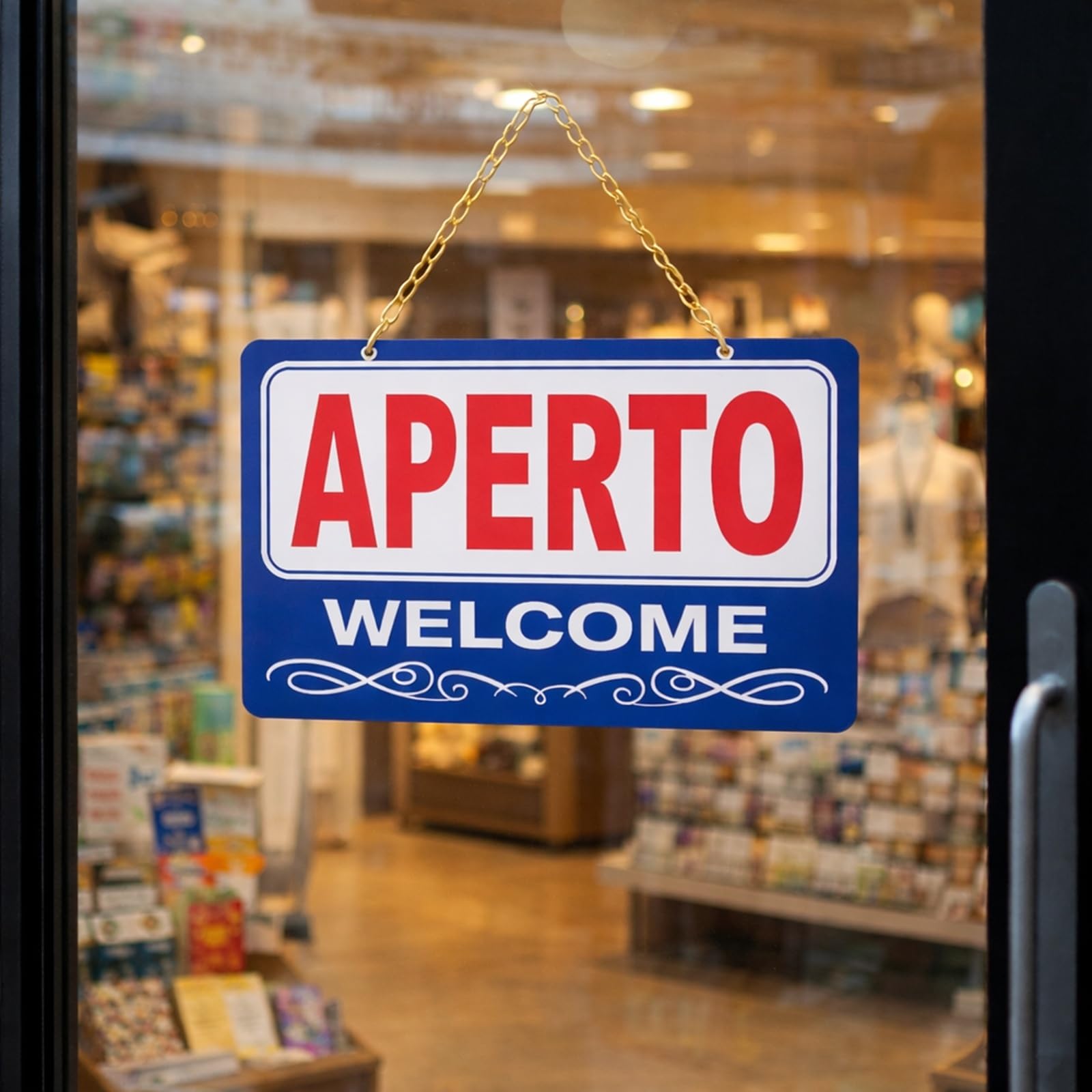 Topolenashop Cartello Aperto Chiuso Reversibile 29x19 cm – Insegna Bilingue Open Close per Negozi, Bar e Ristoranti – Cartello da Appendere con Catena Dorata per Porta e Vetrina ART.689388