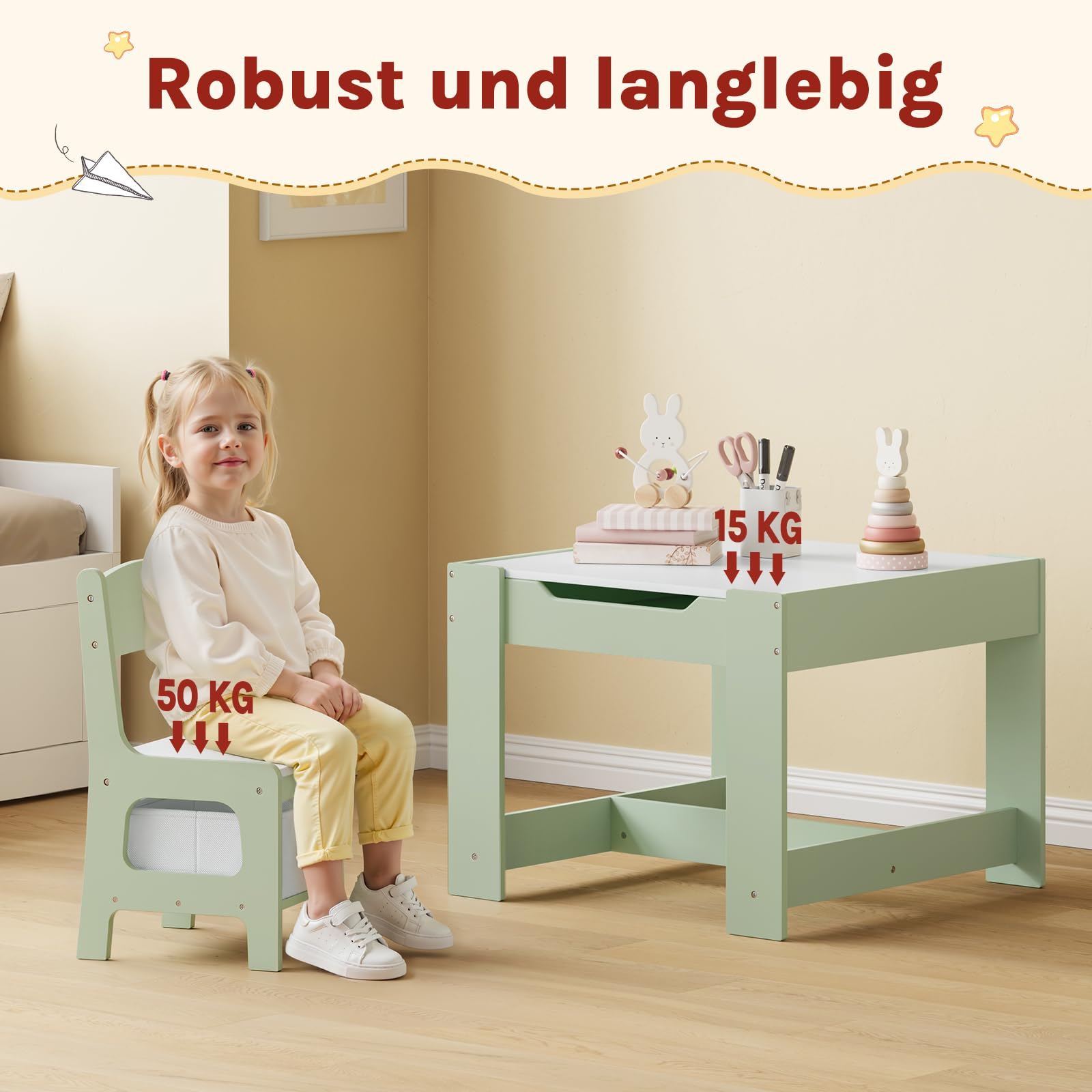 WOLTU Kindertisch mit 2 Stühlen, für Kinderzimmer Kindergarten, Kindersitzgruppe mit Stauraum, mit wendbarer Tischplatte, für Kinder ab 2 Jahren, Grün + Weiß