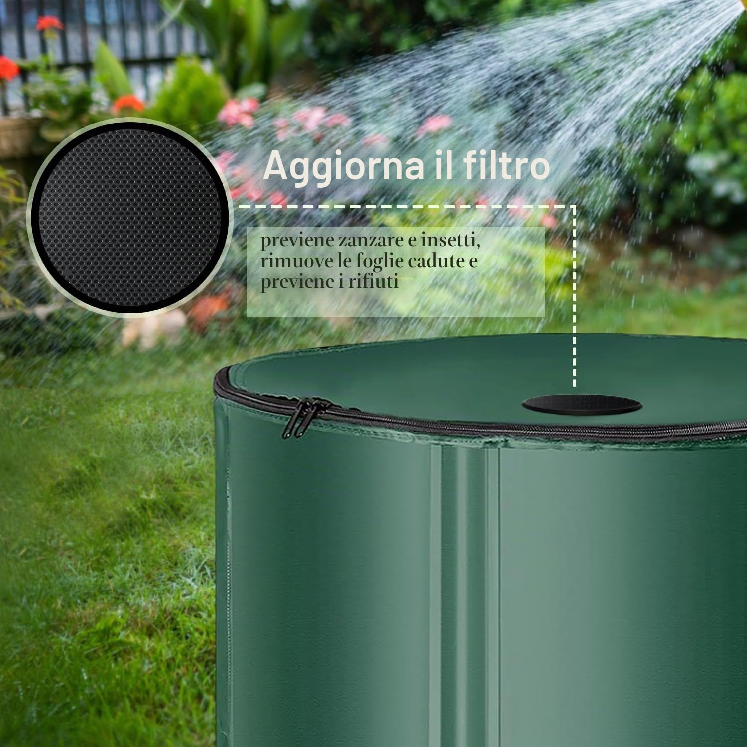Serbatoio Acqua Piovana Pieghevole 500L 1000L Verde | Cisterna Raccolta con Rubinetto Superiore e Scarico Inferiore, Contenitore Portatile per Giardino, Irrigazione e Campeggio(264 gallons/1000 L)
