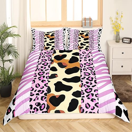 Miniatura 9 de Manfei Juego de funda de edredón de leopardo marrón, tamaño matrimonial, juego de ropa de cama de 3 piezas con purpurina rosa para decoración de