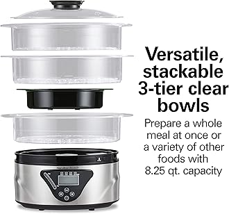 Hamilton Beach Digital Food Steamer for Quick, Healthy Cooking with Stackable Three-Tier Bowls for Vegetables and Seafood Plus Rice Basket, 8.25 Quart, Black & Stainless Steel