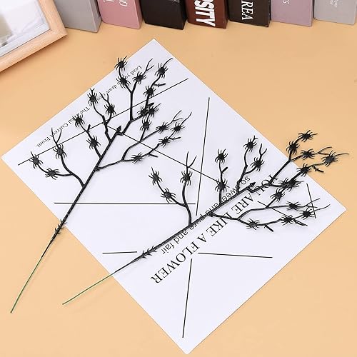 Miniatura 9 de 6 ramos de arañas negras de Halloween, tallos de arañas artificiales negras, ramas de arañas de plástico de 11 pulgadas con tallos largos, púas