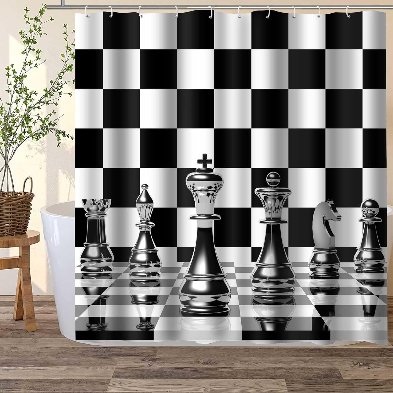 Chess Shower Curtain Black White Checkered International Chess Shower Curtains 72x72Inch Washable Fabric Boys Kids Teen Cool Board Game Bathroom Curtain with 12 Hooks