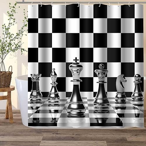 Miniatura 5 de YLOKPA0412 - Cortina de ducha de ajedrez con cuadrícula geométrica en blanco y negro, 72 x 72 pulgadas, tela lavable, juego de mesa para niños y