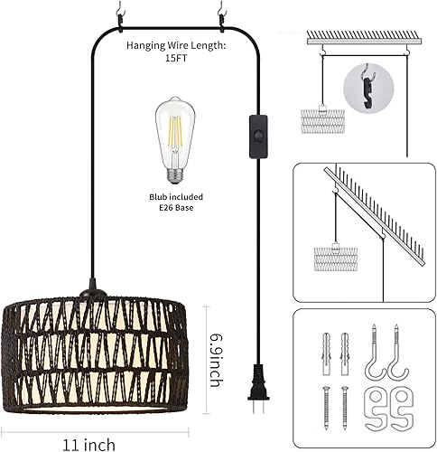 Miniatura 4 de Lámpara colgante enchufable, luces colgantes de ratán con cable enchufable, pantalla tejida y de tela 2 en 1, lámpara colgante enchufable para