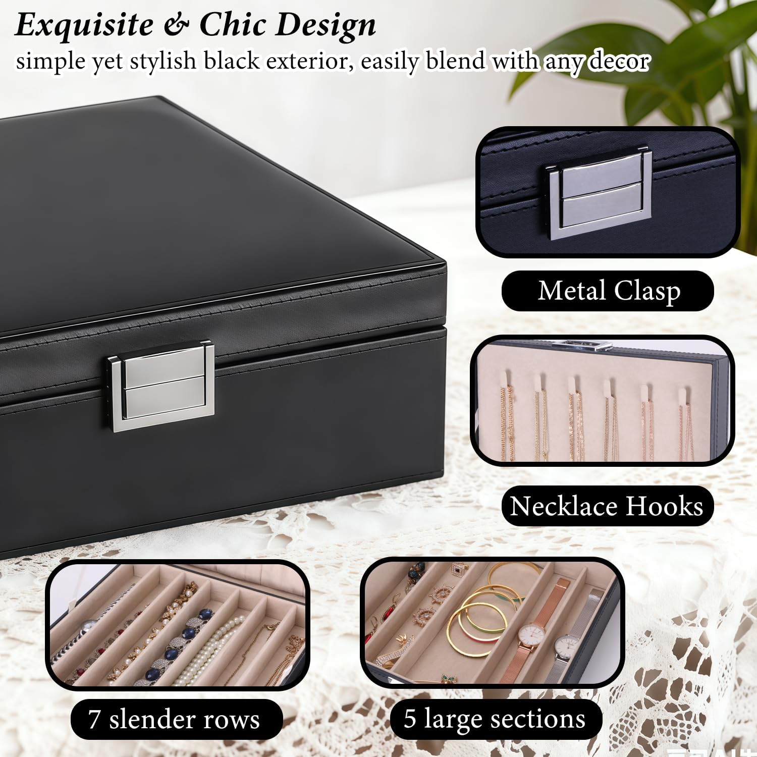 BEWISHOME Jewelry Box Organizer, 2-Layer Necklace Organizer Box, Modern Style Necklace And Bracelet Storage Case, Necklace Case for Women, Girls (Black SSH31B) - Image 5