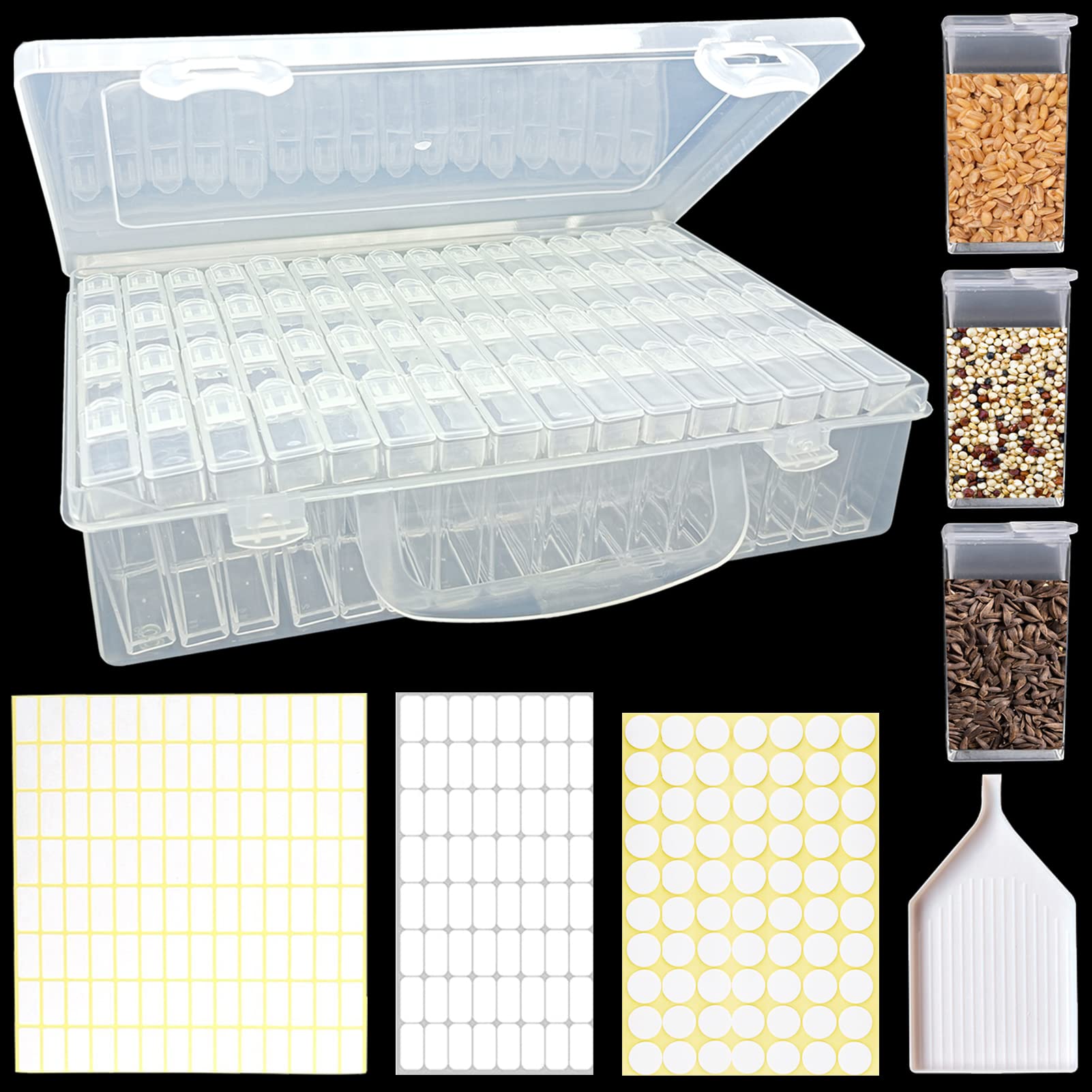 64pcs Grids Bead Organizer and Storage Diamond Painting Containers Portable Plastic Case Box Arts Crafts Storage for Seeds Beads Sewing Cosmetic Nail Glitter Powder Small Parts Rhinestones (Square)