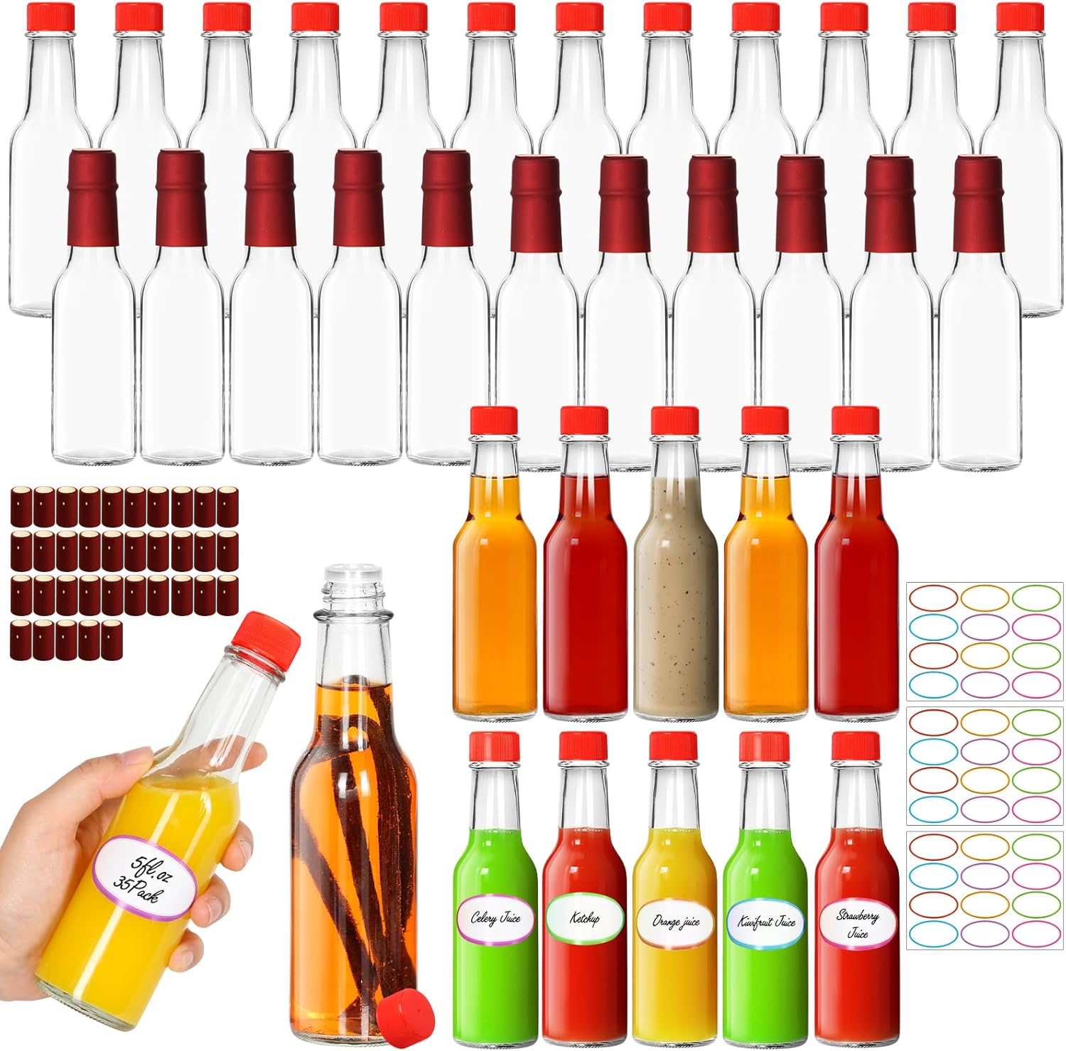 aurotrends hot sauce bottles 5 oz 35pack, empty wine bottles with caps/shrink capsules/ stickers -5oz clear glass bottle with lids for party drinks, gifts, anniversaries, halloween, christmas red caps & shrink bands