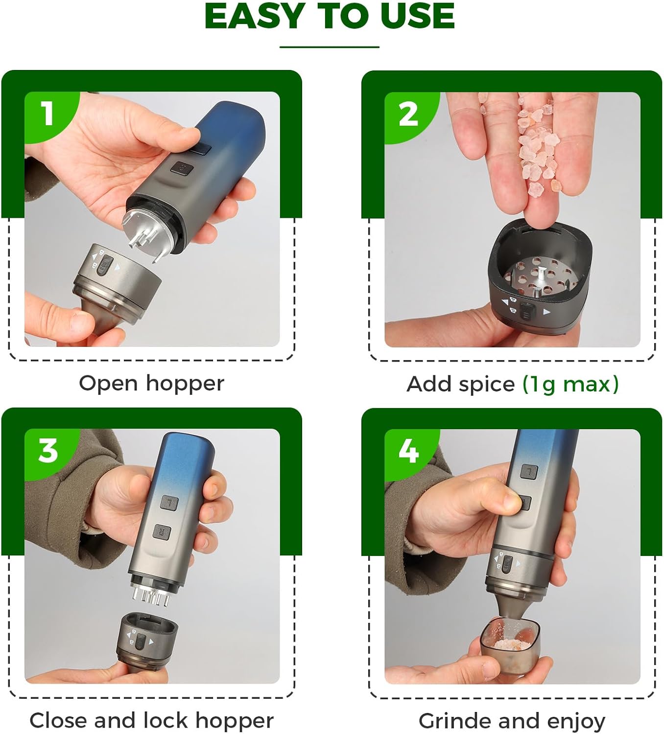 Electric Spice and Seasoning Grinder - Portable Rechargeable Grinder for Kitchen Use, Adjustable Coarseness, USB Charging, Includes Funnel and Cleaning Brush - Blue(Ocean Mist) (Ocean Mist)