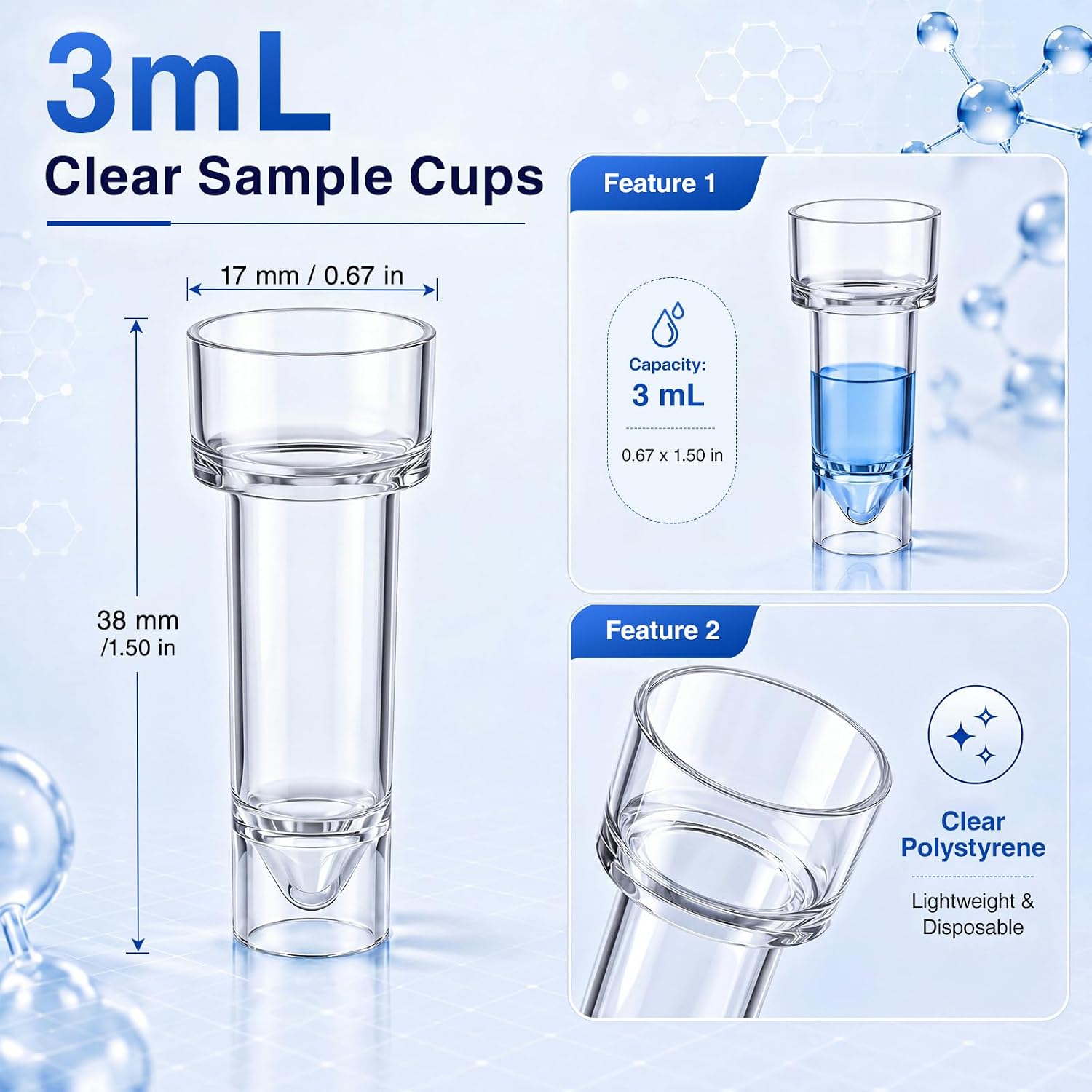 1000 Pack 3ml Sample Cups, Clear Polystyrene Disposable Specimen Collection Cups Without Lids, 17 x 38 mm Lab Containers for Urine, Blood Testing, Clinical Diagnostics, Laboratory Use