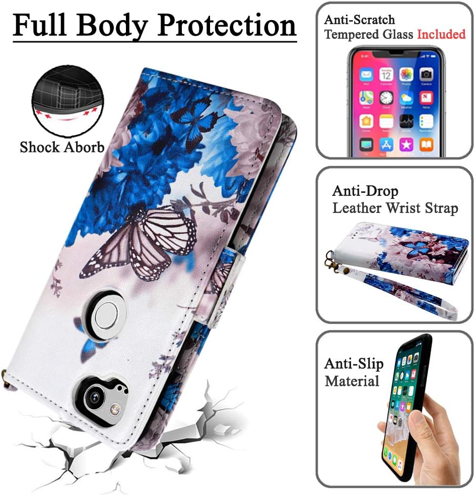 Mefon Google Pixel 2 Case Wallet Leather Detachable, with Tempered Glass and Wrist Strap, Enhanced Magnetic Closure, Card Slot, Kickstand, Durable Slim, Flip Folio Cases for Pixel 2 (Butterfly 1)