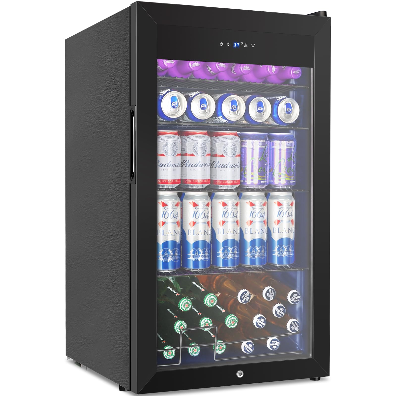 128 Cans Beverage Refrigerator Cooler, 3.2 Cu.Ft Mini Drink Fridge Glass Door for Drink Beer Soda Wine, Small Beer Fridge with 4 Removable Shelves for Kitchen Bedroom, Office Bar Gaming Room, Black