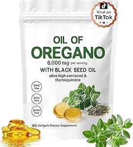 Oil of Oregano Softgels 6000mg with Black Seed Oil, Plant Based, Non-GMO, Immune Support, 180 Count