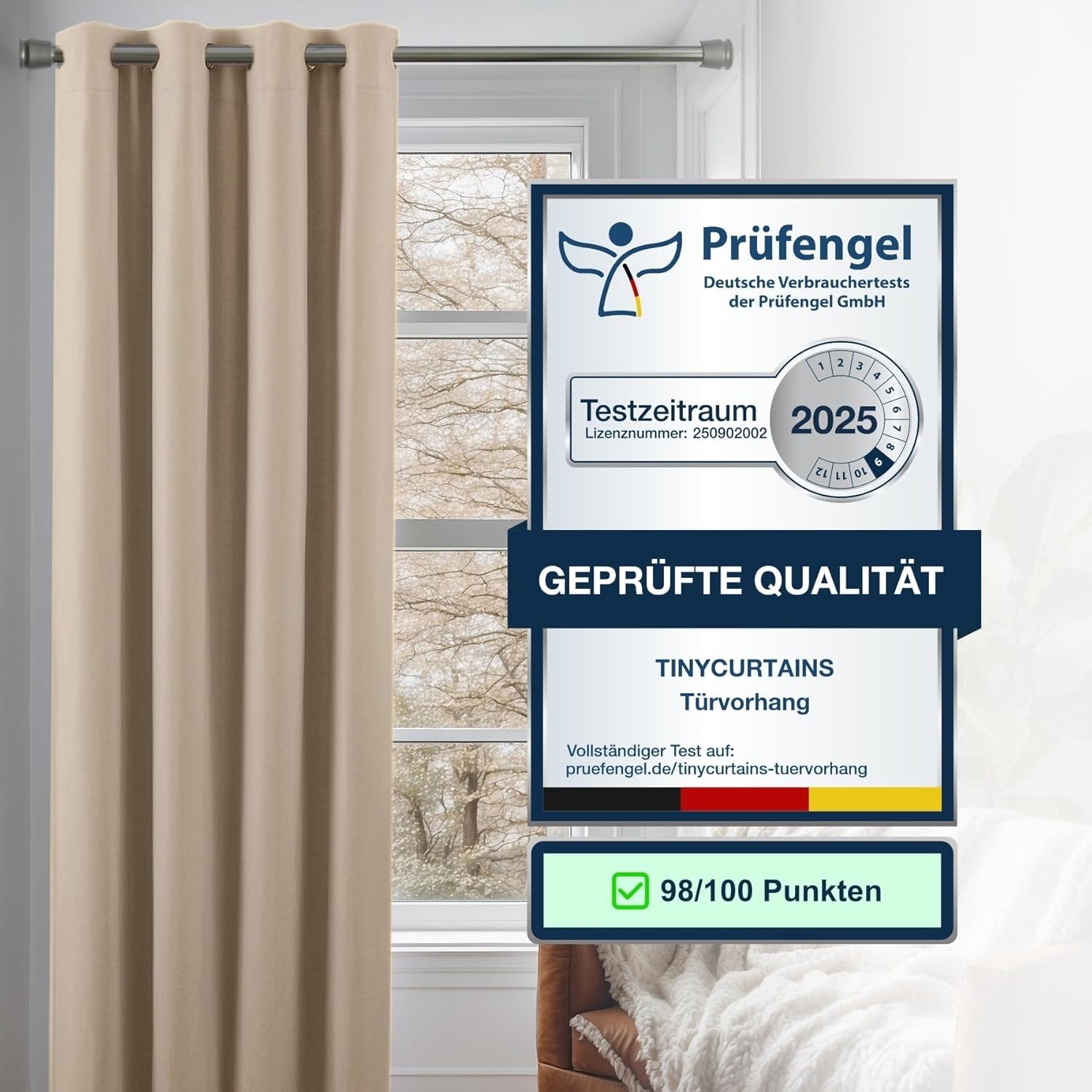 Praktisches Set ohne Bohren: 2x Vorhang + 1x Klemmstange silber 70-120 cm + 2x Raffhalter mit Magnet blickdicht & verdunkelnd, als Raumteiler, Fenster & Tür Beige Thermovorhang 220x135cm