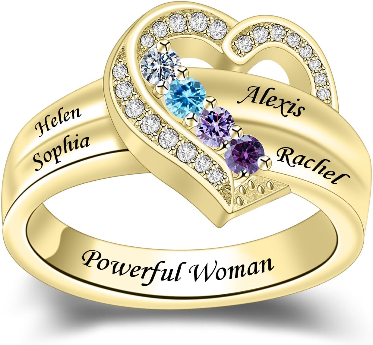 Personalized Heart Shaped Ring Silver Stackable Rings Mother Ring with Birthstones Engraved Name for Women Gift for Mother Grandmother