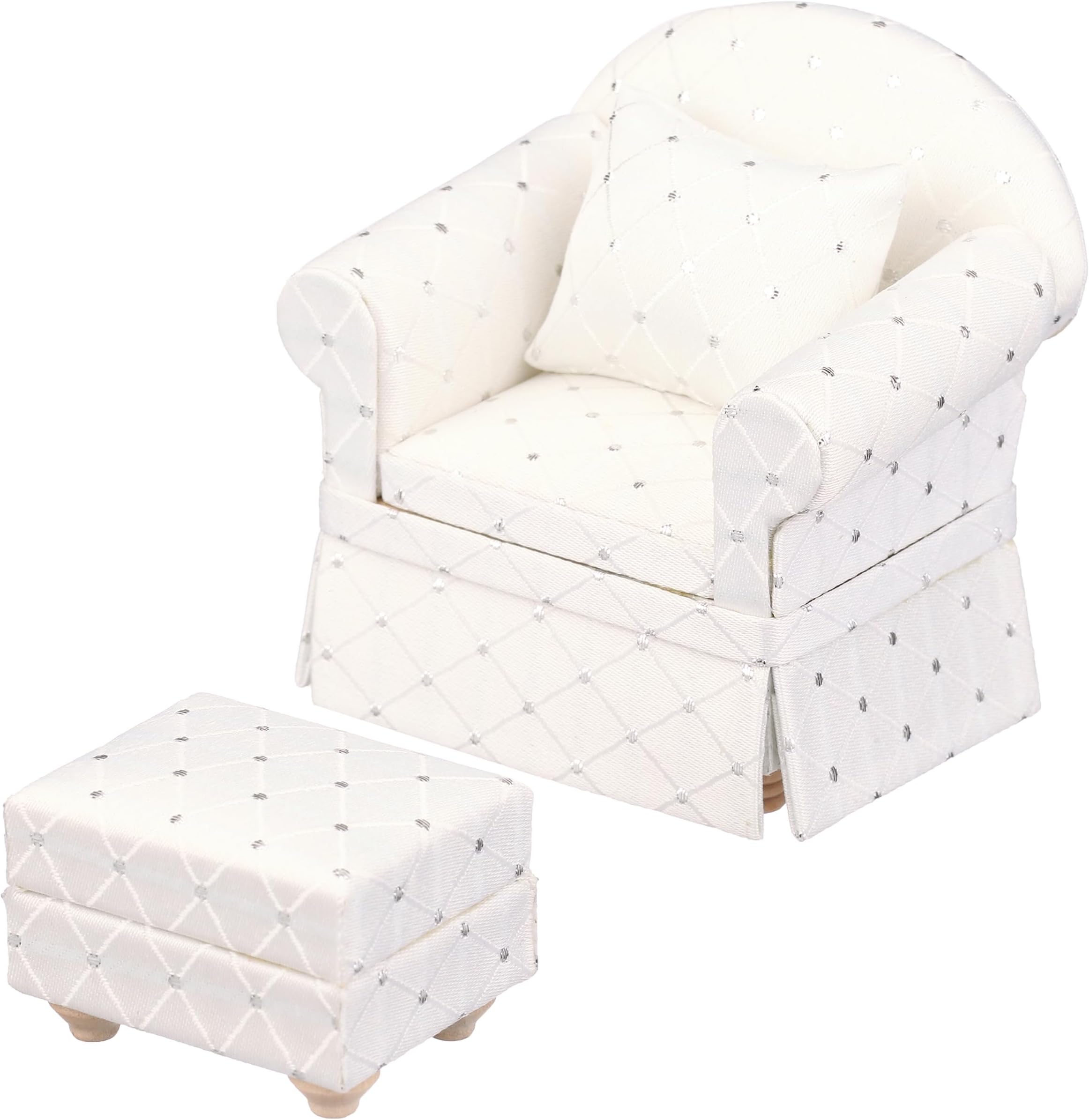 InusitusDollhouse Sofa Chair with Ottoman & Throw Pillow, Miniature Living Room Furniture Armchair, Accessories for 6 inch Dolls, 1/12 Scale (White)