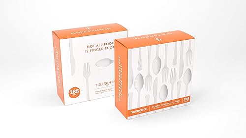 Vista 64 de Tiger Chef - Cubertería de plástico de color resistente, incluye tenedores, cucharas para el té y cuchillos, Transparente Claro