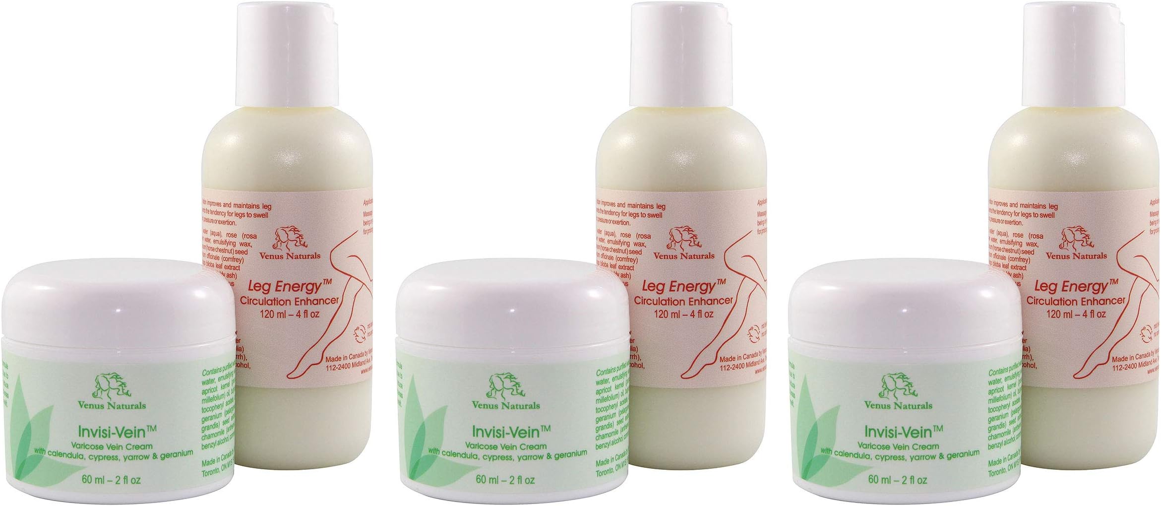 3 Leg Care Combos with 3x2oz Jars of Invisi-Vein and 3x4oz bottles of Leg Energy, Best Value