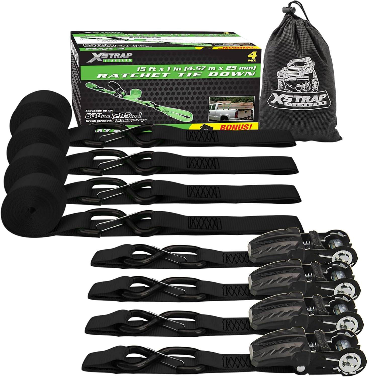XSTRAP STANDARD Ratchet Tie Down Straps - 8PK - 1'' x 10 ft - 900 LB Break Strength Cargo Straps +4 Pk - 1'' x 15 Ft - 630 Lbs Load Cap Ratchet Tie Down Straps with Loops