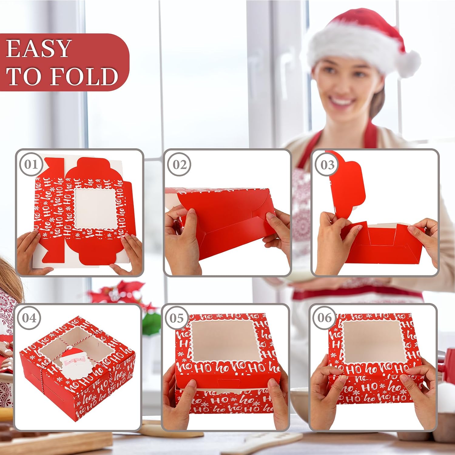 JarThenaAMCS 30 Pack Christmas Cupcake Boxes Red White Santa Claus Cupcake Carrier Xmas Window Cookie Gift Box for Winter Christmas Holiday Food Container