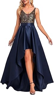 Women's Sexy V-Neck A-line High-Low Backless Sequin Wedding Guest Dress 00667