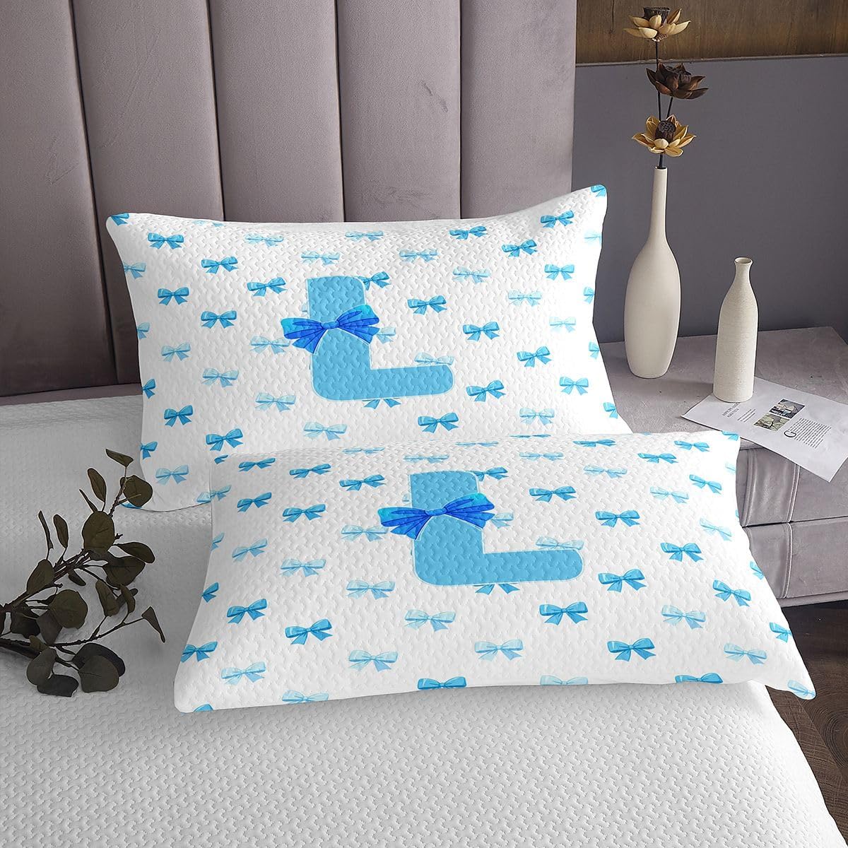 Feelyou Cute Blue Bow Bedspread King Size Ribbon Bow Knot Coverlet Set Personalized Initial L Quilted Coverlet for All Season with 2 Pillowcases Kawaii Microfiber Lightweight Princess Bowknot