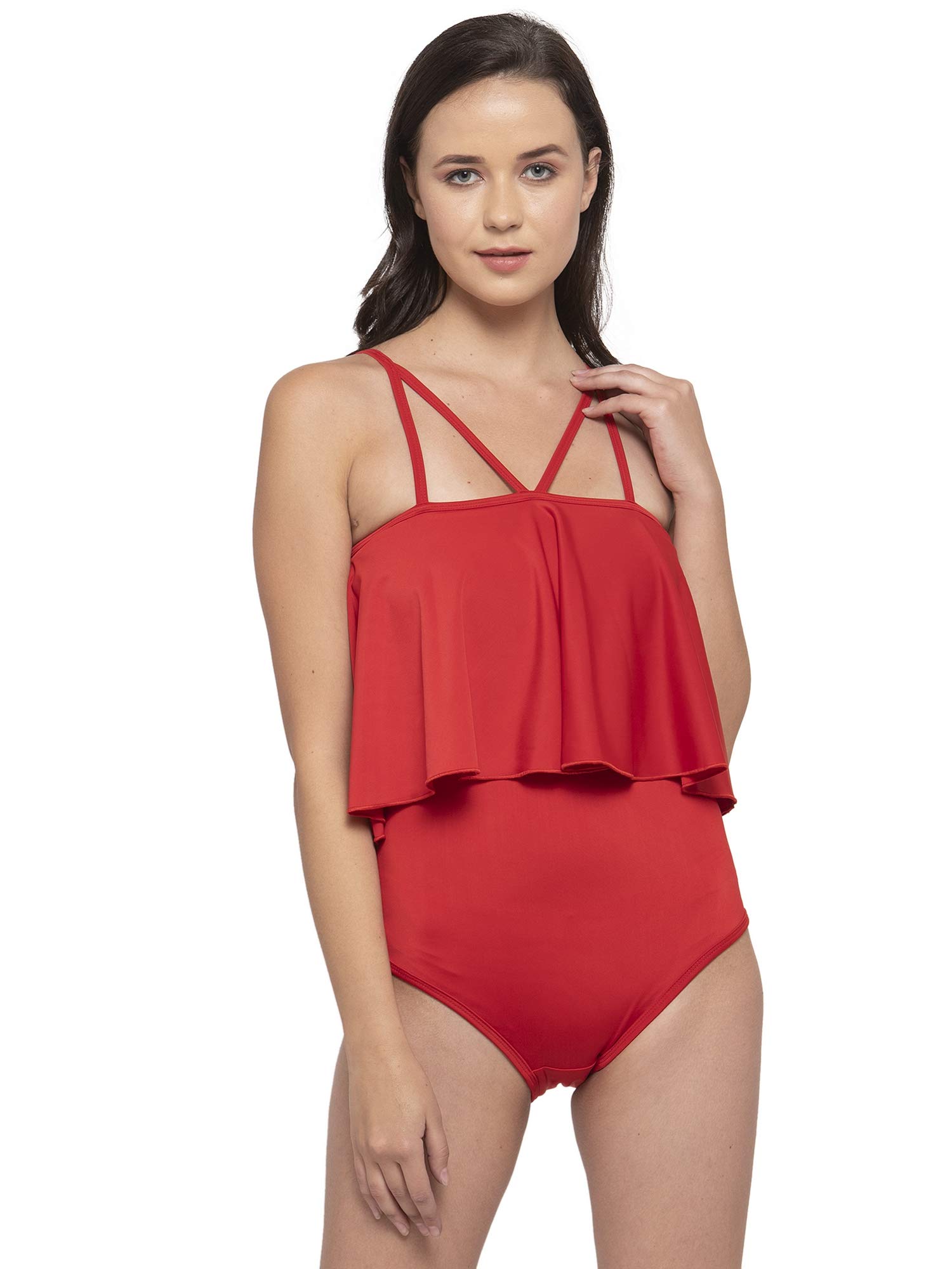 CUKOOPadded Solid Red Single Piece Swimwear/Swimsuit