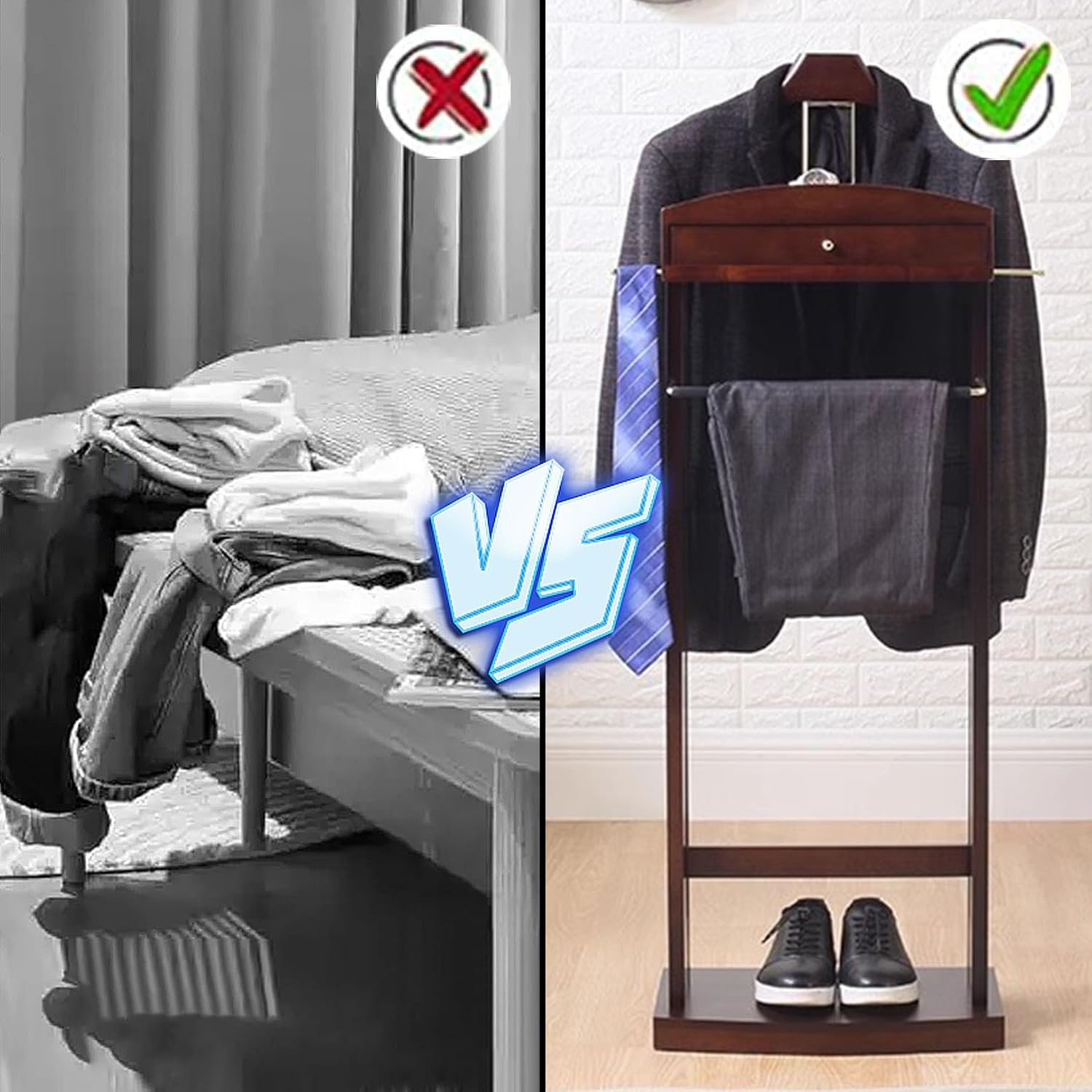 Clothes Valet Stand Wooden Freestanding Suit Hanger for Men with Top Storage Tray Sturdy Base Coat Rack Organizer for Bedroom Office