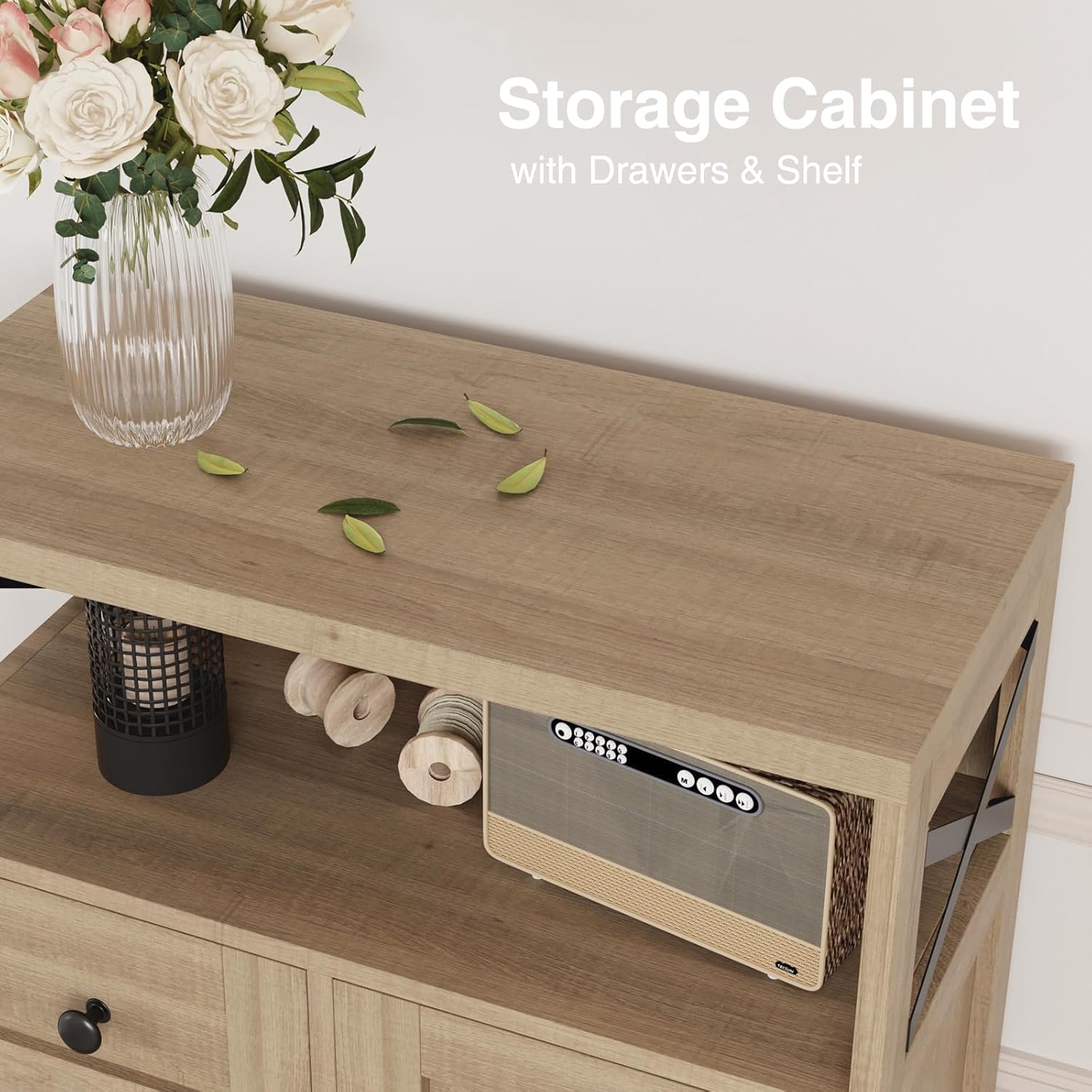Befrases Natural Wood Storage Cabinet with Drawers and Shelves, Standing Kitchen Pantry Cabinet, Floor Storage Cabinet Hutch Cupboard, Coffee Bar Station for Dining Living Room Home Office
