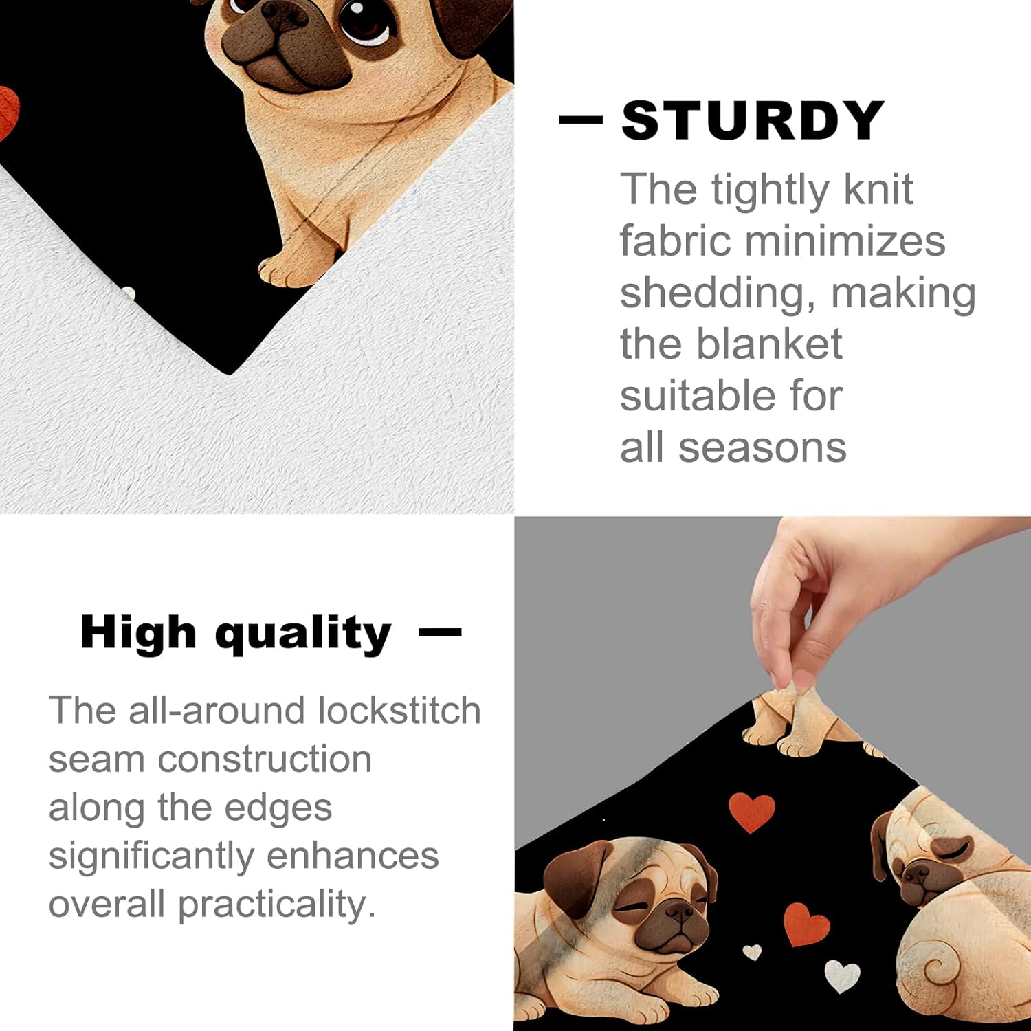 Cute Pug Blanket for Women Wife Girls, Adorable Dog Heart Flannel Blankets, Valentine Birthday Gifts, Black Soft Warm Cozy Throws for Sofa Couch Bed Living Room Bedroom Home Decor 60" x 50"