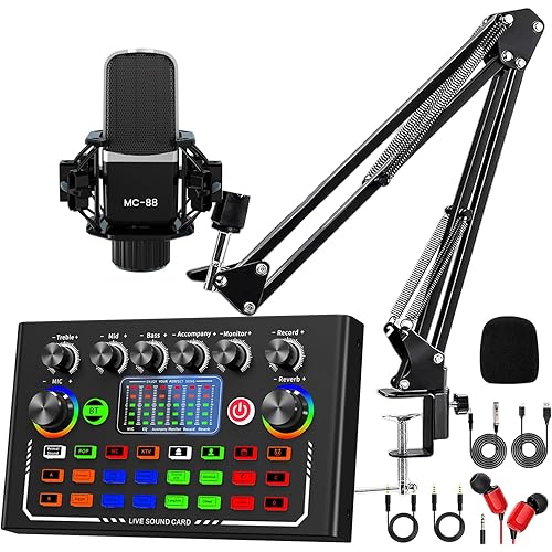 Podcast Equipment Bundle, All-in-One Audio Interface with Studio Condenser Microphone Perfect for Podcasting, Recording, Singing, Streaming and Gaming, PC, Smartphone, YouTube, TikTok (F009)