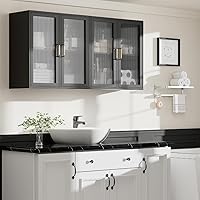 Furnaza Black LED Wall Storage Cabinets - Kitchen Laundry Upper Wall Mount with 4 Glass Doors, Shelf & Auto Lights