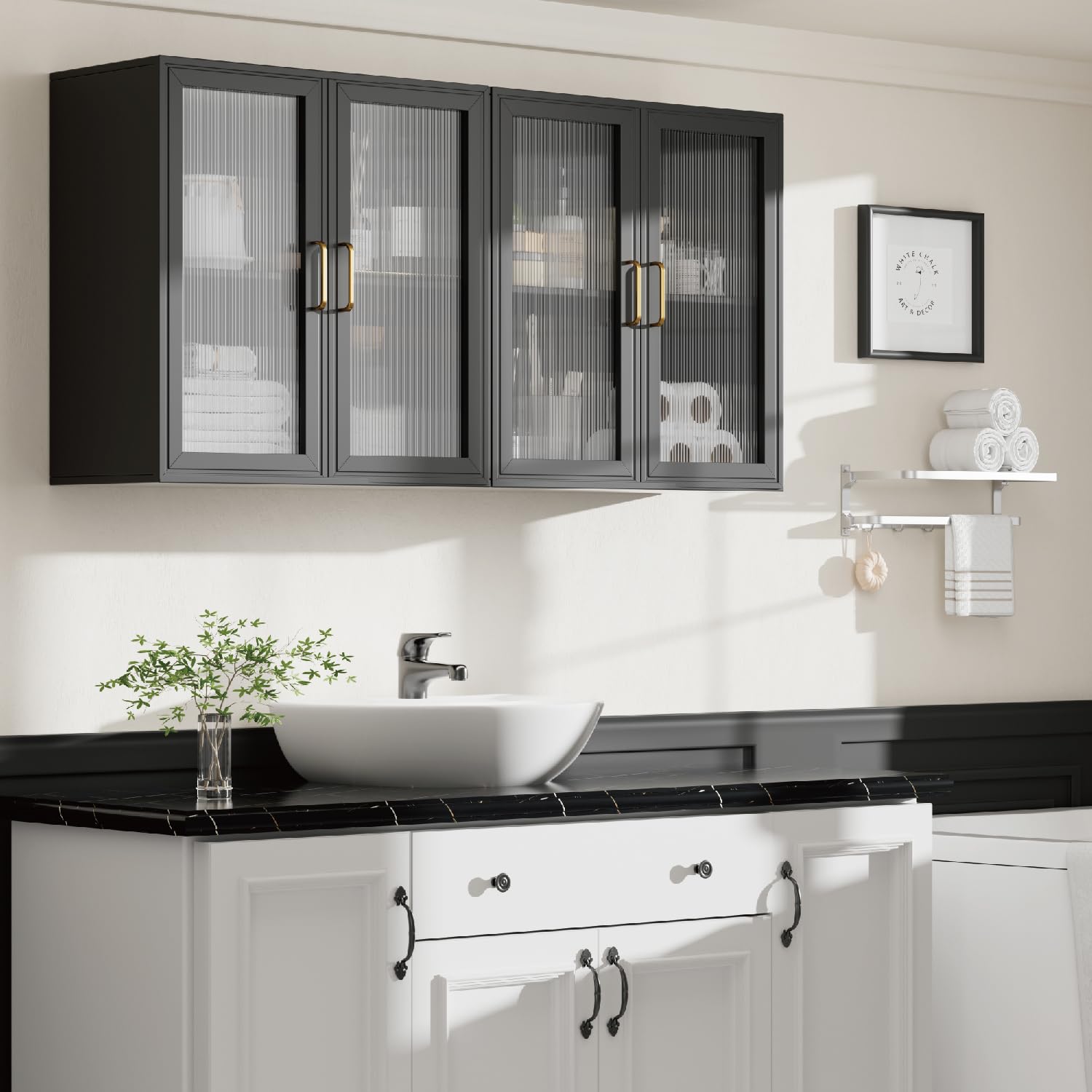 LED Wall Storage Cabinets - Upper Kitchen Cabinets Laundry Wall Mounted Cabinets with 4 Acrylic Glass Doors and Shelf, in Black