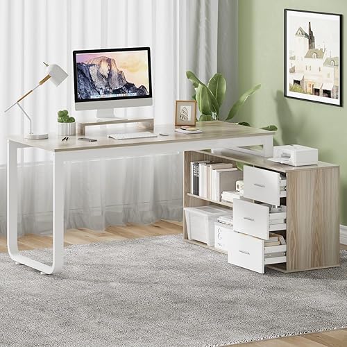 Miniatura 7 de Escritorio reversible en forma de L de 55 pulgadas con 3 cajones, escritorio esquinero con estantes de almacenamiento y soporte extraíble para