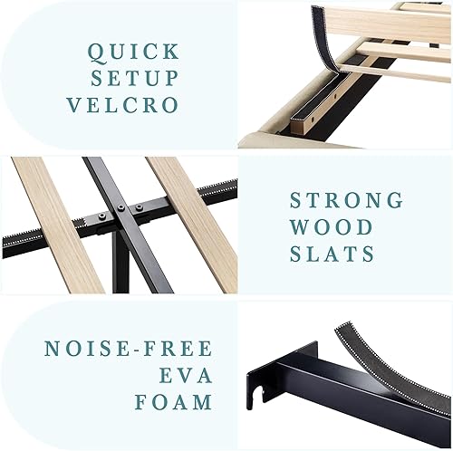 Miniatura 6 de HOOMIC Base de cama de tamaño matrimonial con cabecero, plataforma tapizada de tela con soporte de listones de madera fuerte, base de colchón, no