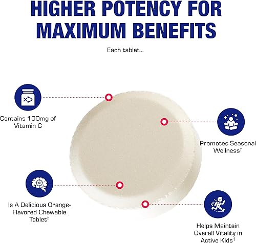 Miniatura 7 de Tabletas masticables de vitamina C para niños, 100 mg de vitamina C con sabor natural a naranja, 60 tabletas vegetarianas para apoyo antioxidante,